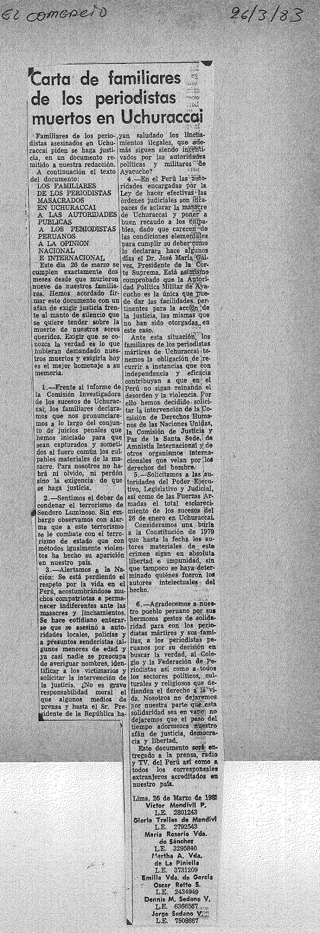 Carta de familiares de los periodistas muertos en Uchuraccay