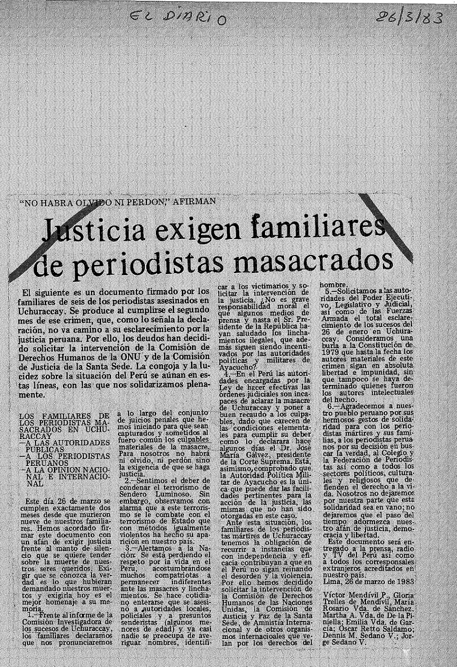 Carta de familiares de los periodistas muertos en Uchuraccay