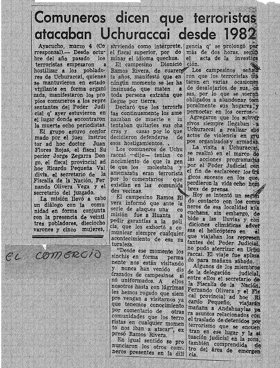 Comuneros dicen que terroristas atacaban Uchuraccay desde 1982