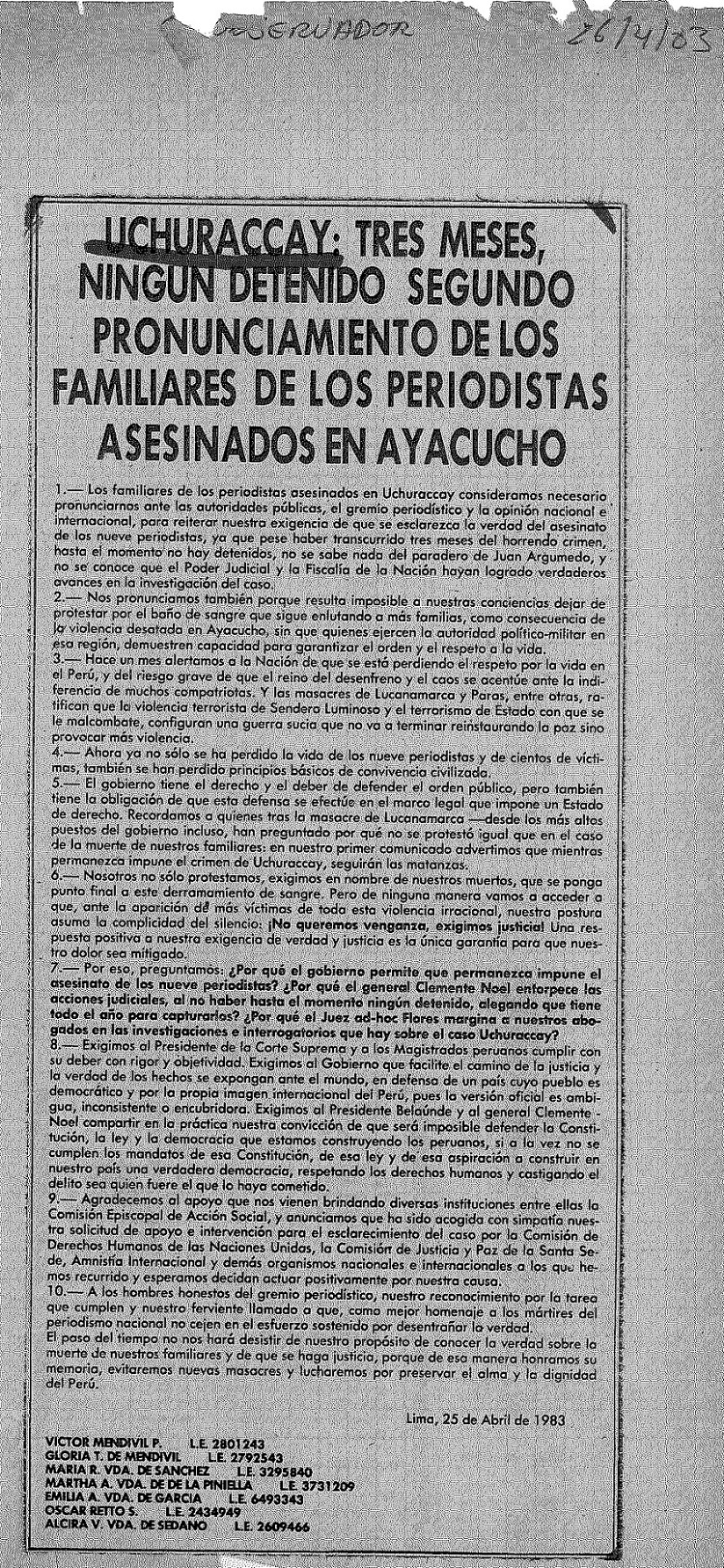 Uchuraccay: Tres meses, ningún detenido