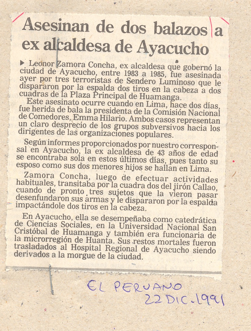 ASESINAN DE DOS BALAZOS A EXALCALDESA DE AYACUCHO