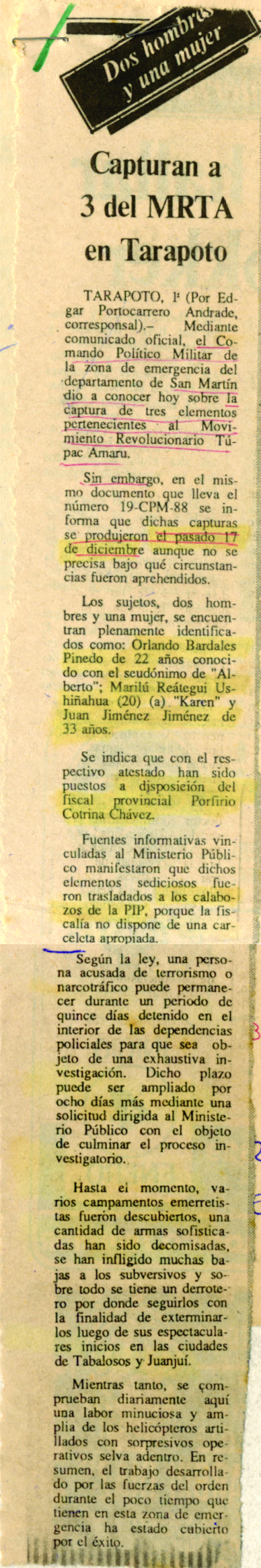 Capturan a 3 del MRTA en Tarapoto