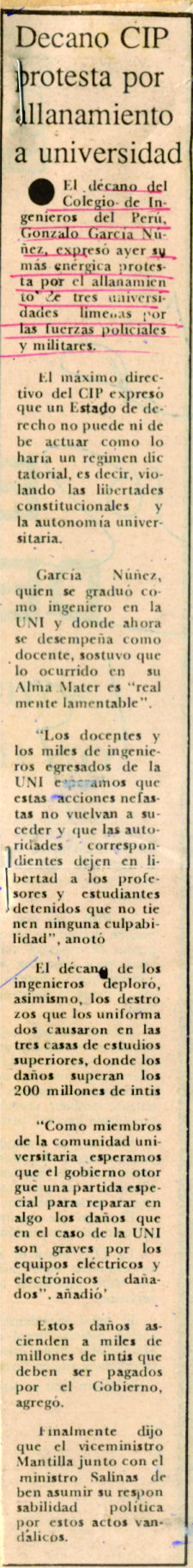 Decano CIP protesta por allanamiento a universidad