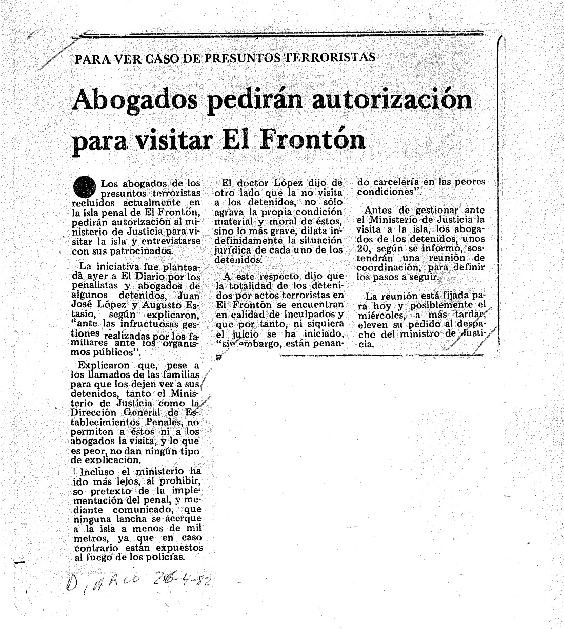 Abogados pedirán autorización para visitar El Frontón