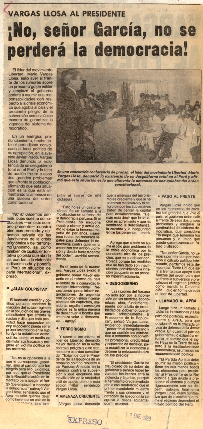 Vargas Llosa emplaza al presidente a poner fin al desgobierno