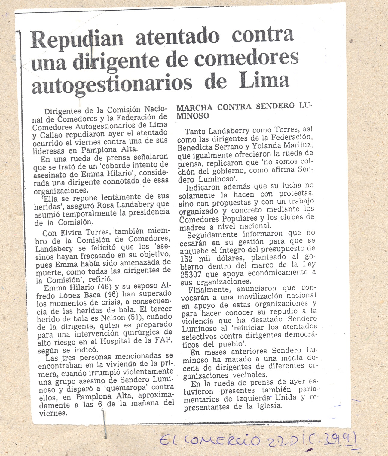 REPUDIAN ATENTADO CONTRA DIRIGENTE EMMA HILARIO