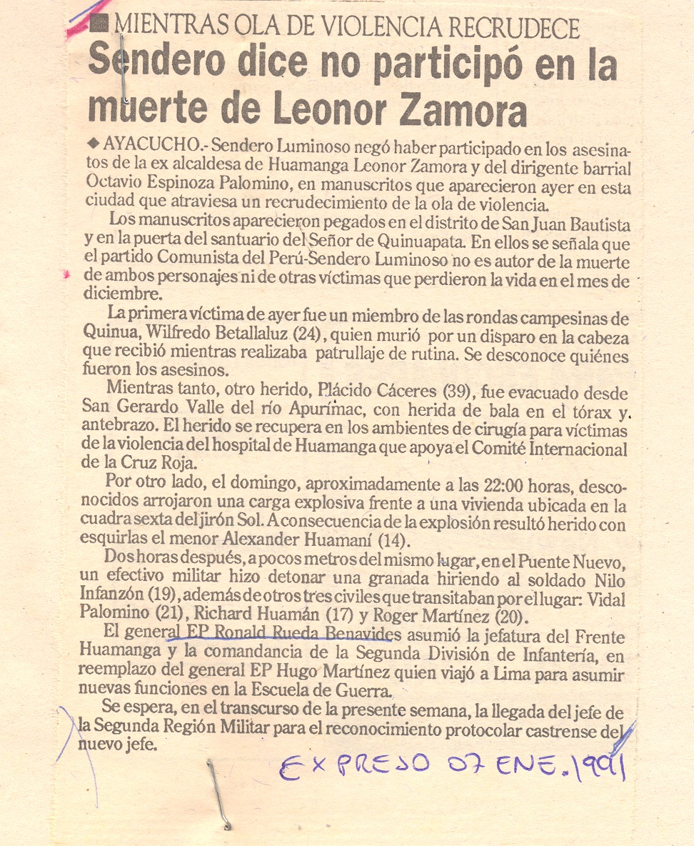 SENDERO DICE NO PARTICIPO EN LA MUERTE DE LEONOR ZAMORA