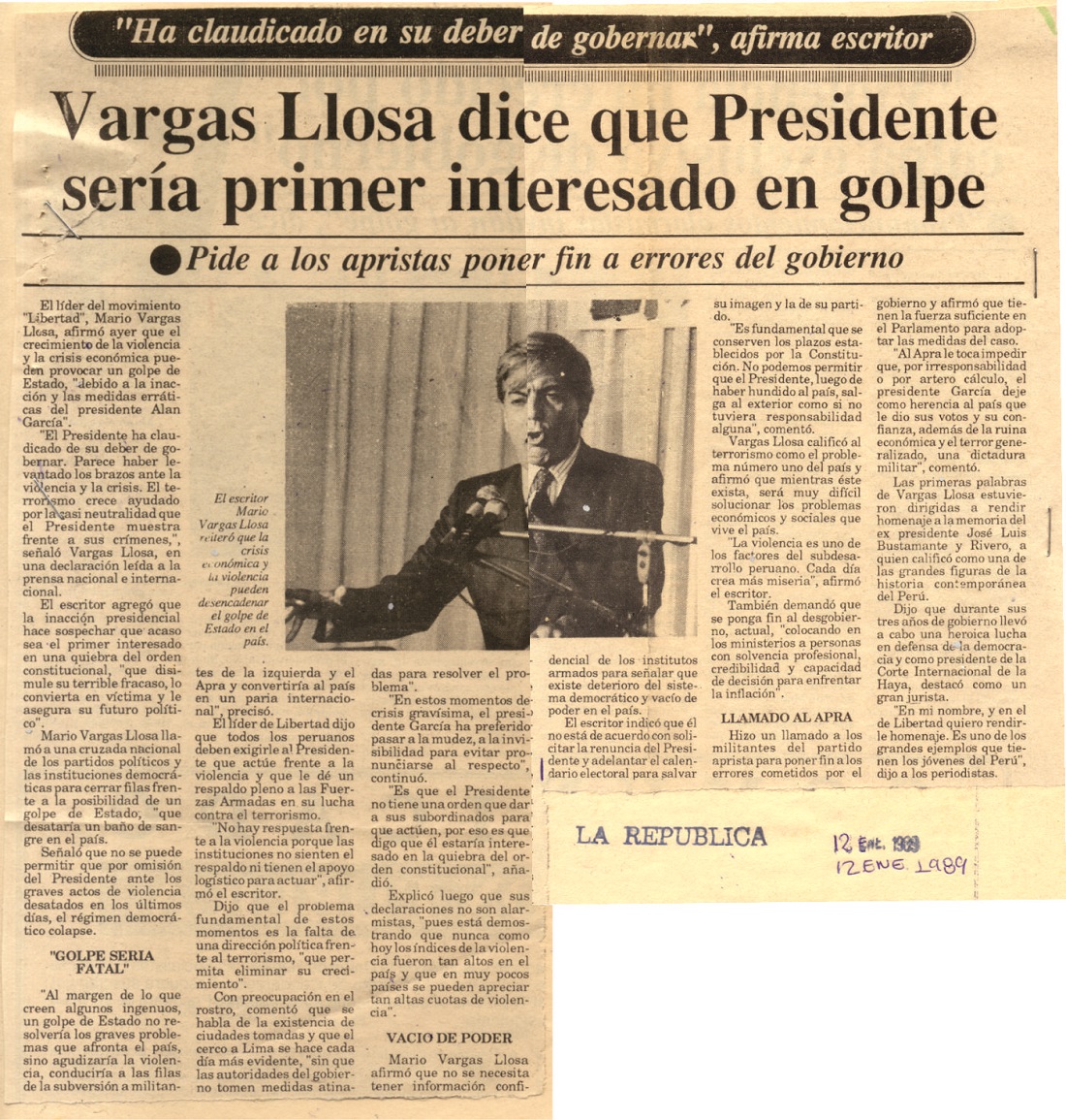 Vargas Llosa emplaza al presidente a poner fin al desgobierno