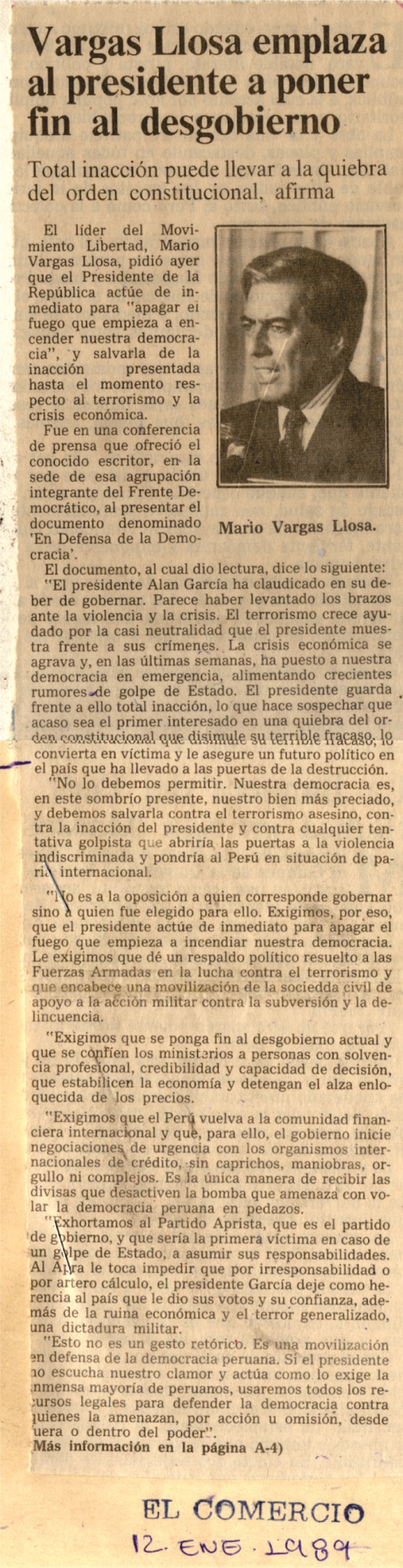 Vargas Llosa emplaza al presidente a poner fin al desgobierno