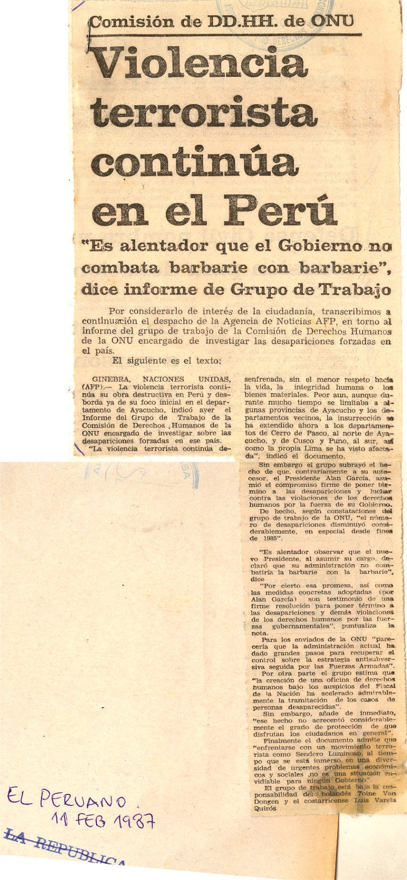 ONU condena acciones terroristas en el Perú