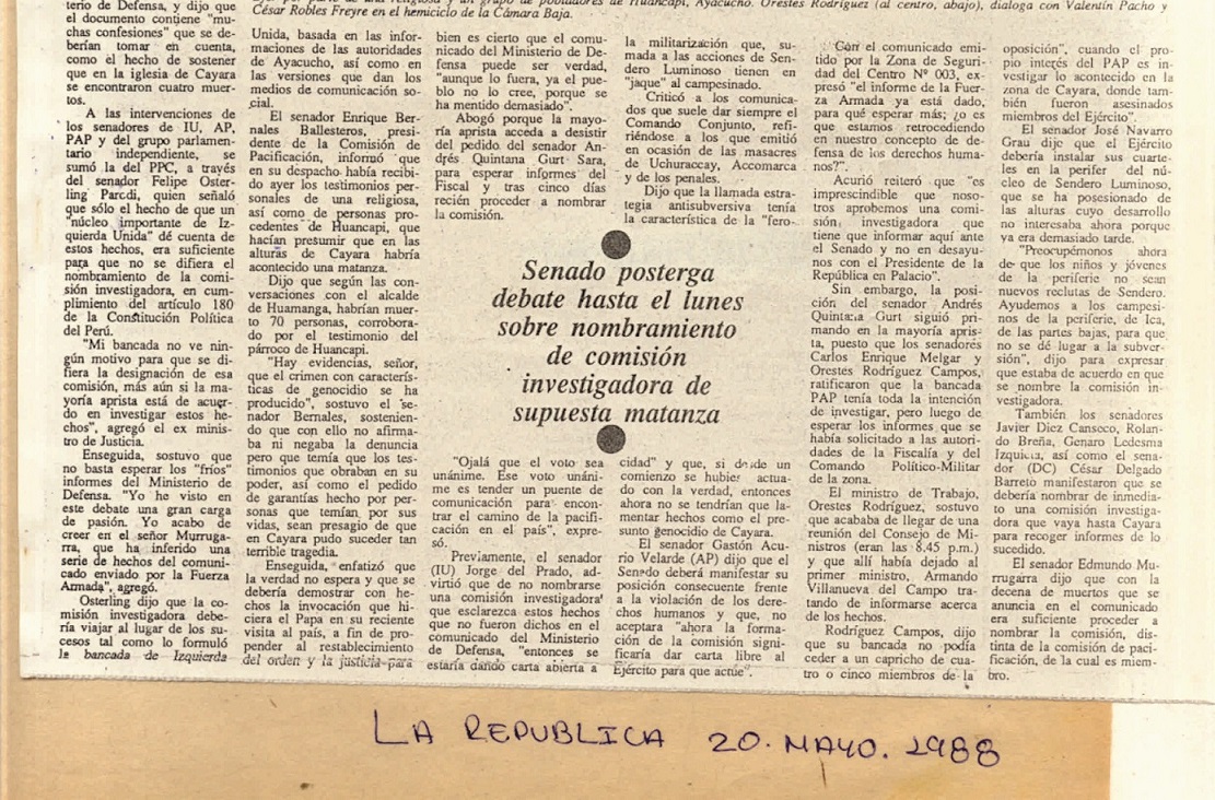 Bernales revela haber recibido informes de religiosa y de pobladores "Temo que los testimonios sobre crimen de Cayara sean ciertos"
