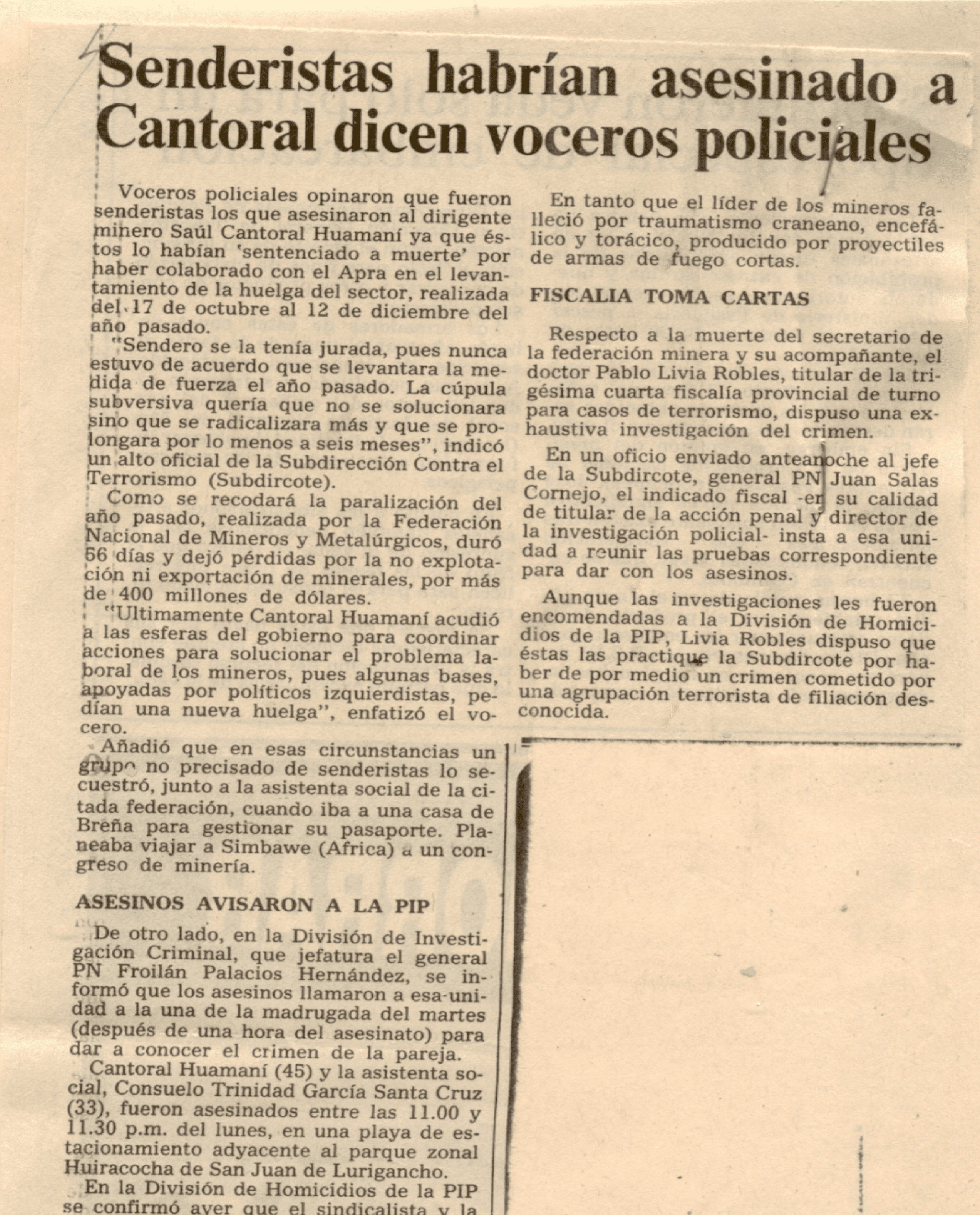 s.f. - Senderistas habrían asesinado a Cantoral dicen voceros policiales