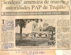 "Sendero" amenaza de muerte a autoridades PAP de Trujillo