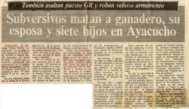 Subversivos matan a ganadero, su esposa y siete hijos en Ayacucho