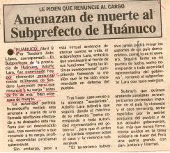 Amenazan de muerte al Subprefecto de Huánuco 