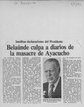 Belaúnde culpa a diarios de la masacre de Ayacucho