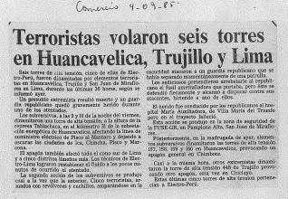 Terroristas volaron seis torres en Huancavelica, Trujillo y Lima
