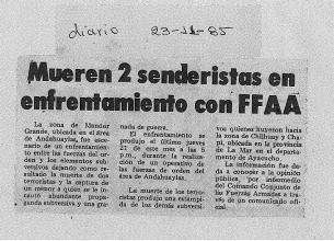 Mueren 2 senderistas en enfrentamiento con FFAA