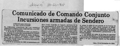 Comunicado de Comando Conjunto, incursiones armadas de Sendero