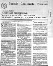 Partido Comunista Peruano, el mensaje presidencial: Balance de un año desastroso para los intereses nacionales y populares