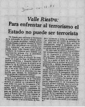 Valle Riestra: Para enfrentar al terrorismo el Estado no puede ser terrorista