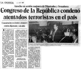 Congreso de la República condenó atentados terroristas en el país