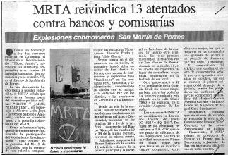 MRTA reivindica 13 atentados contra bancos y comisarías