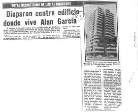 Disparan contra edificio donde vive Alan Garcia