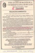 Pronunciamiento : Sindicato Unico de Docentes de la Universidad Nacional de Educación Enrique Guzmán y Valle