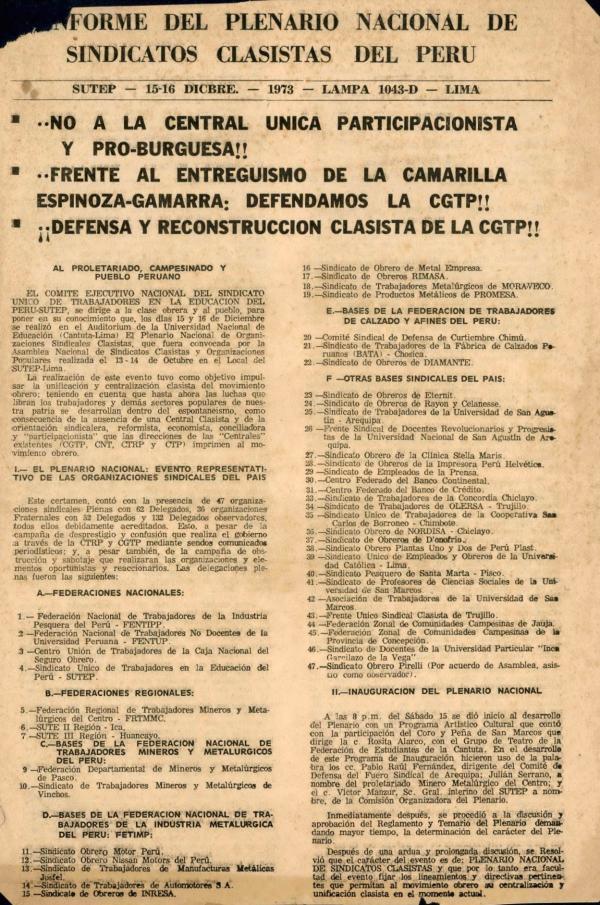 Enero 1974 - No a la central única participacionista