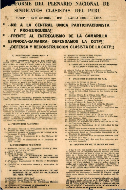 Informe del plenario nacional de Sindicatos Clasistas del Perú