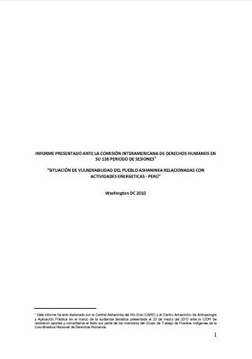 Informe temático: Situación de vulnerabilidad del pueblo ashaninka relacionadas con actividades energéticas - Perú (2008 - 2009)
