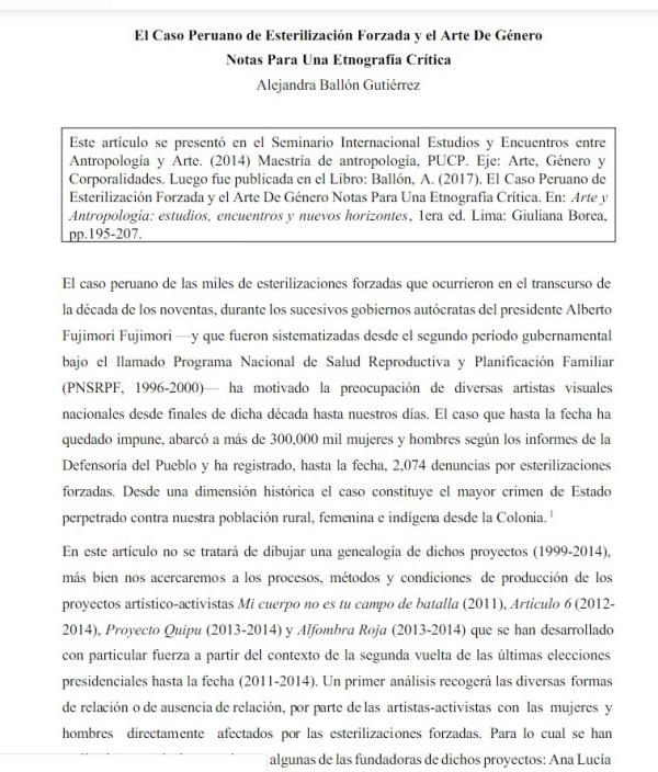 El caso peruano de Esterilización Forzada y el Arte de Género: Notas para una Etnografia  Crítica
